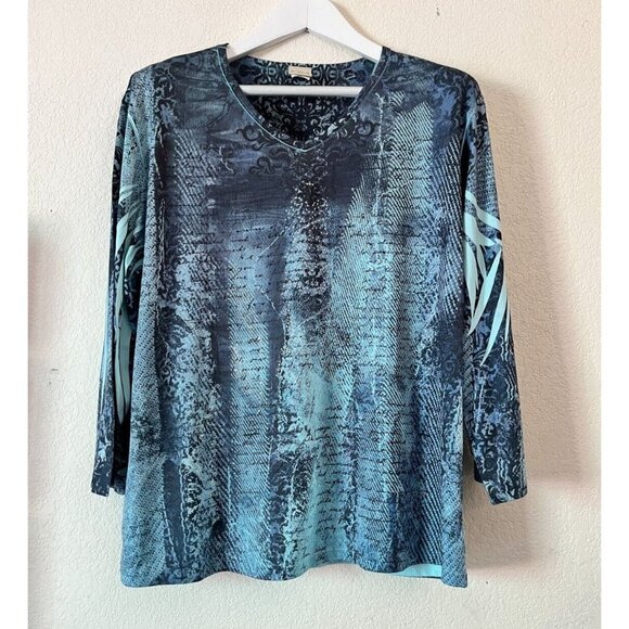 Jess & Jane Tops - Jess & Jane Womens Printed Blue Denim Effect 3/4 Sleeve T-Shirt XL Blue Studded